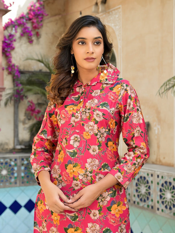 Pink Silk blend Floral Print Shirt Collar Co-ord set-Indiakreations-JS1827CRDPKM