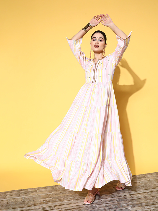 Pink Striped Maxi Dress-Indiakreations-JS8110DRSMLTXS