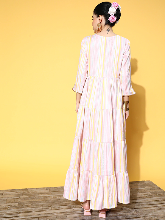 Pink Striped Maxi Dress-Indiakreations-JS8110DRSMLTXS