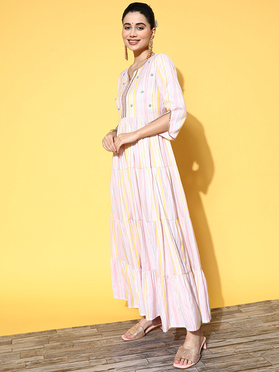 Pink Striped Maxi Dress-Indiakreations-JS8110DRSMLTXS