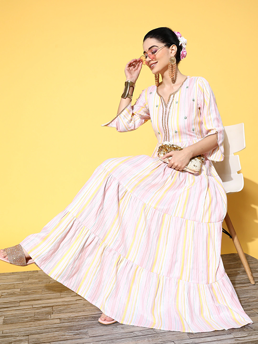 Pink Striped Maxi Dress-Indiakreations-JS8110DRSMLTXS