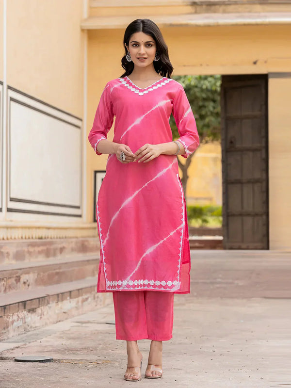 Pink Tie Dye Lace-Work Yoke And Border Straight Kurta And Trouser Set-Indiakreations-JS1730SETPKS