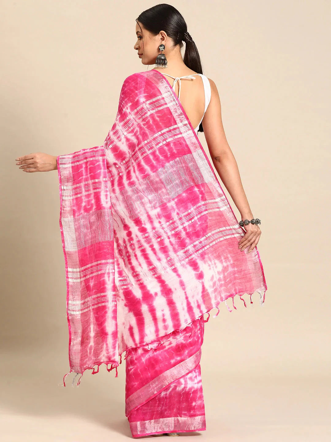 Pink Tie & Dye Pure Linen Saree-Indiakreations-JS1306SARPK