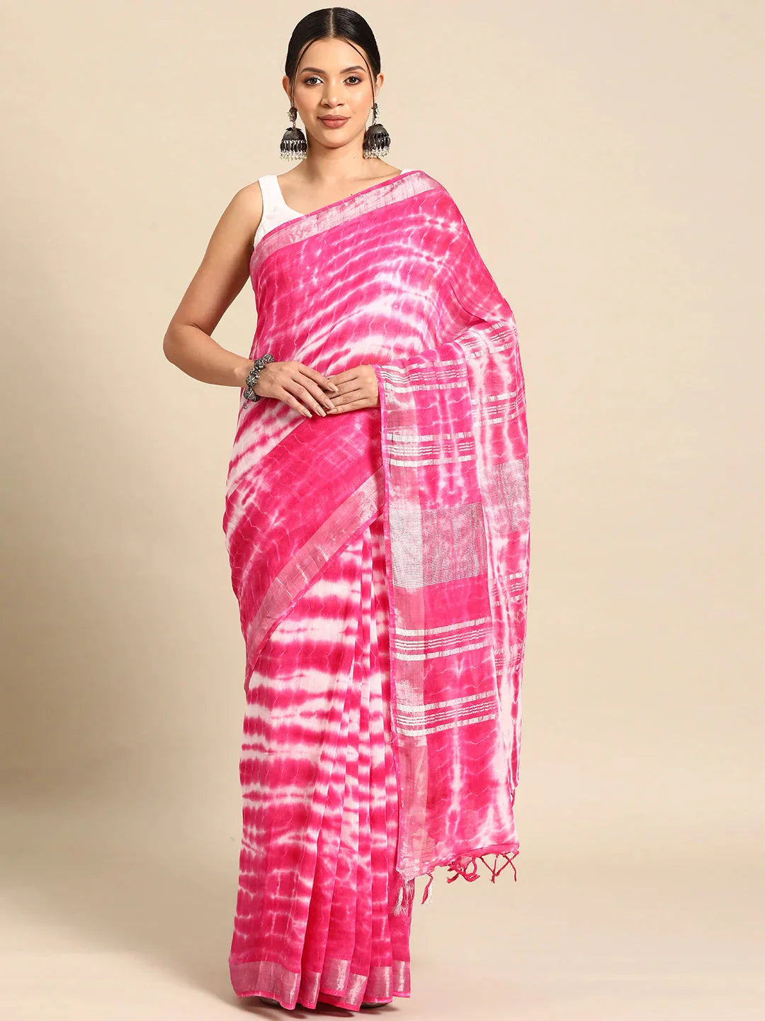 Pink Tie & Dye Pure Linen Saree-Indiakreations-JS1306SARPK