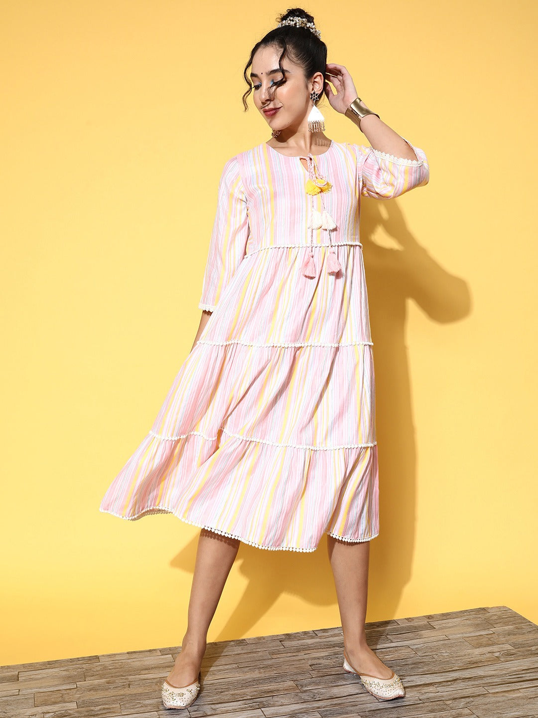 Pink & Yellow Midi Dress-Indiakreations-JS8109DRSMLTXS