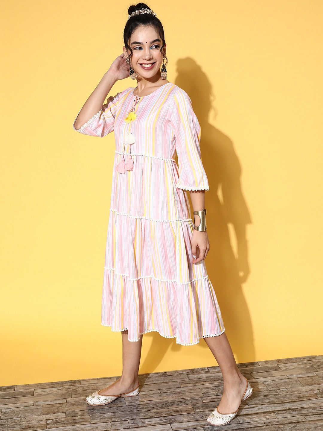 Pink & Yellow Midi Dress-Indiakreations-JS8109DRSMLTXS