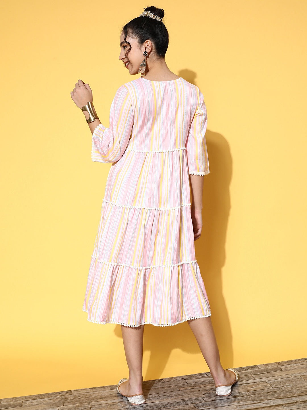 Pink & Yellow Midi Dress-Indiakreations-JS8109DRSMLTXS