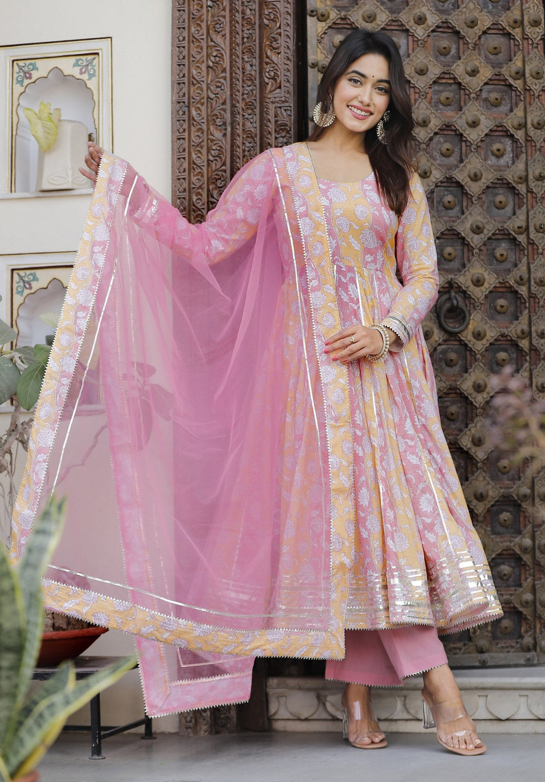 Women's  Pink And Yellow Anarkali Suits - Lado Jaipuri