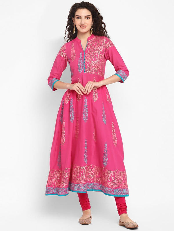 Women's Pink Cotton Printed Anarkali Kurti - Taantav