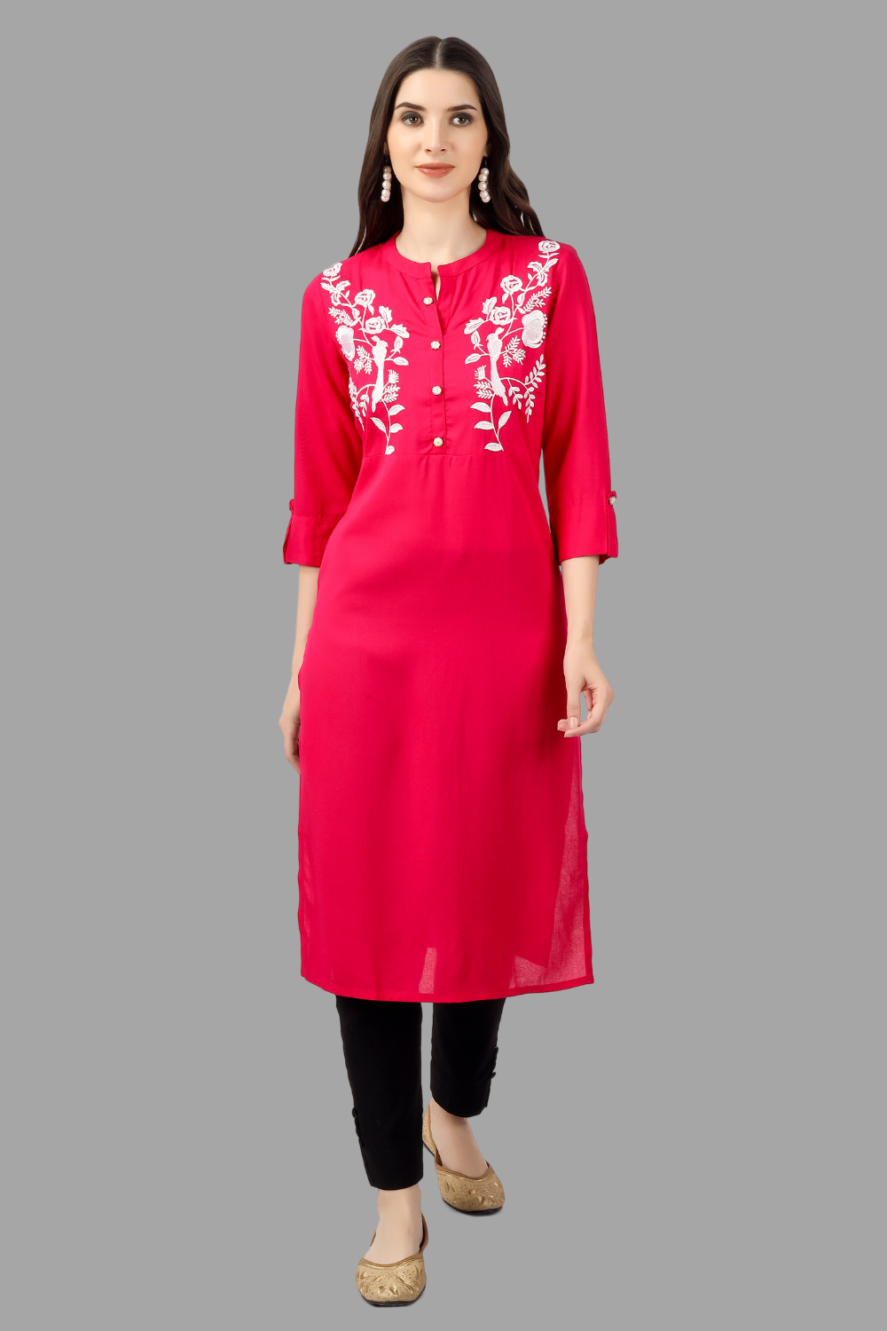 Women's Pink Rayon Chicken Embroidered Straight Kurta - House Of Rp