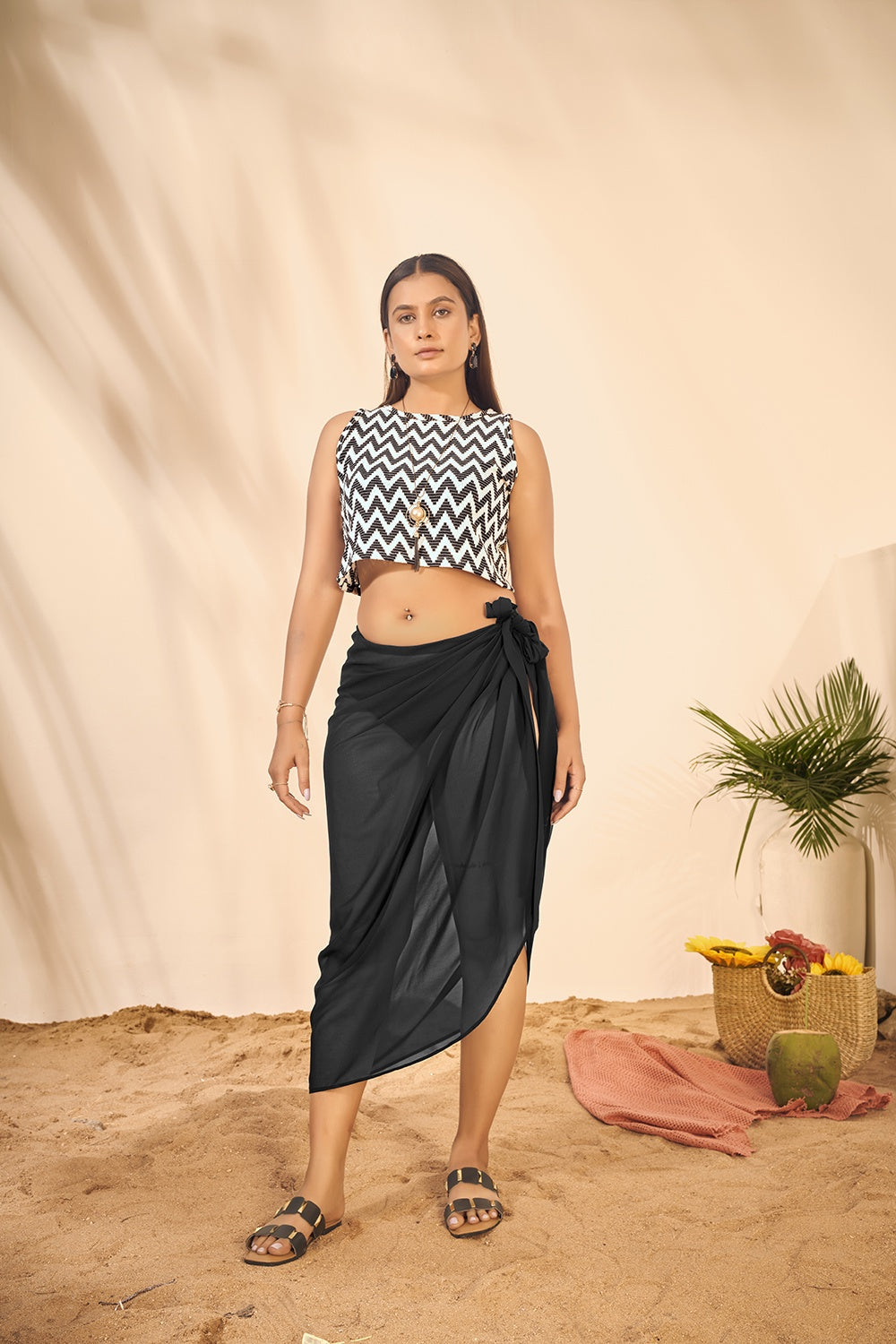 Women's Black Georgette Sarong And Zig-Zag Crop Top Beach Wear Co-Ord Set. - Curvy Lane