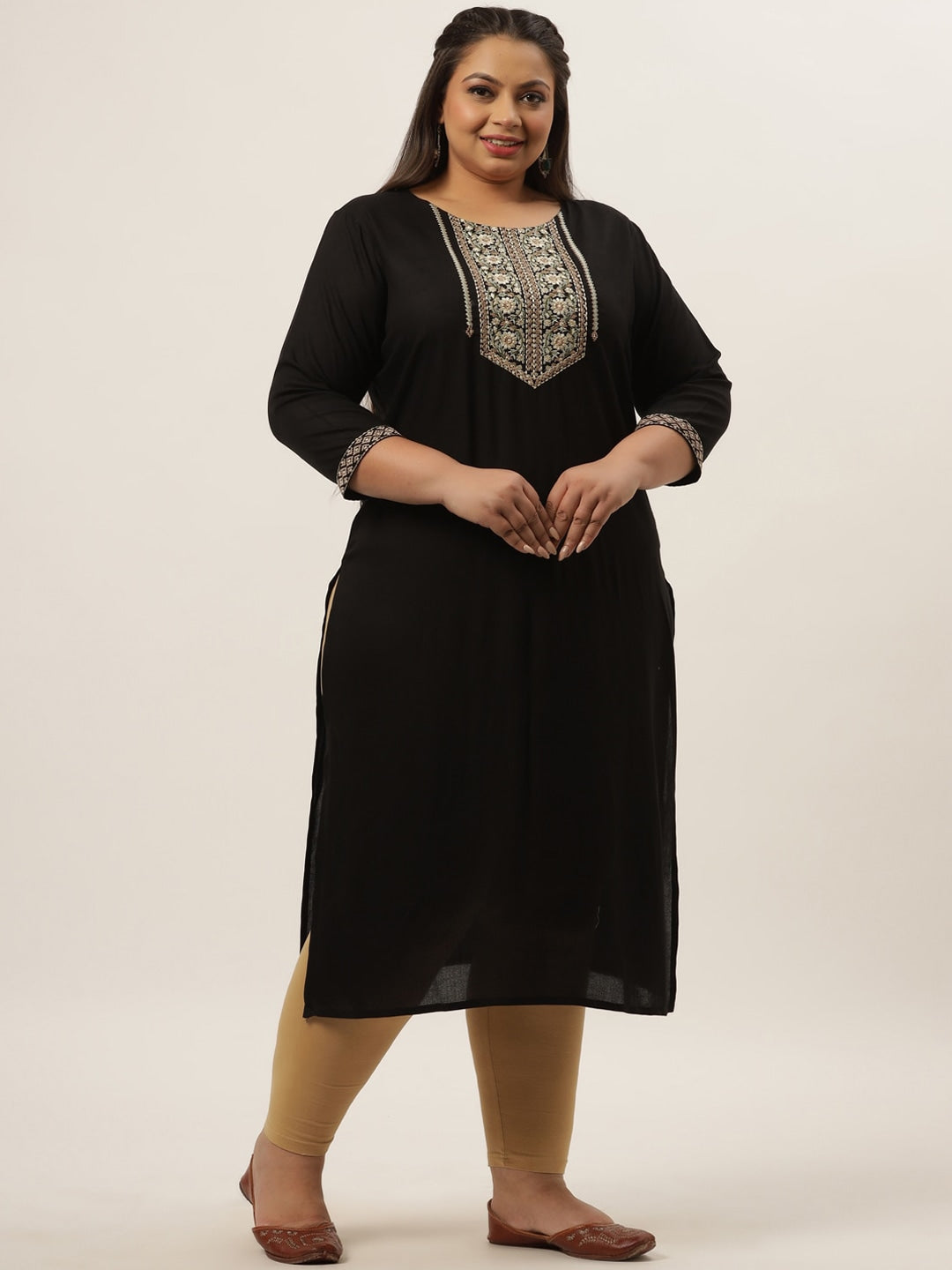 Plus Size Black Ethnic Kurta-Indiakreations-JS7875KURPBK3XL