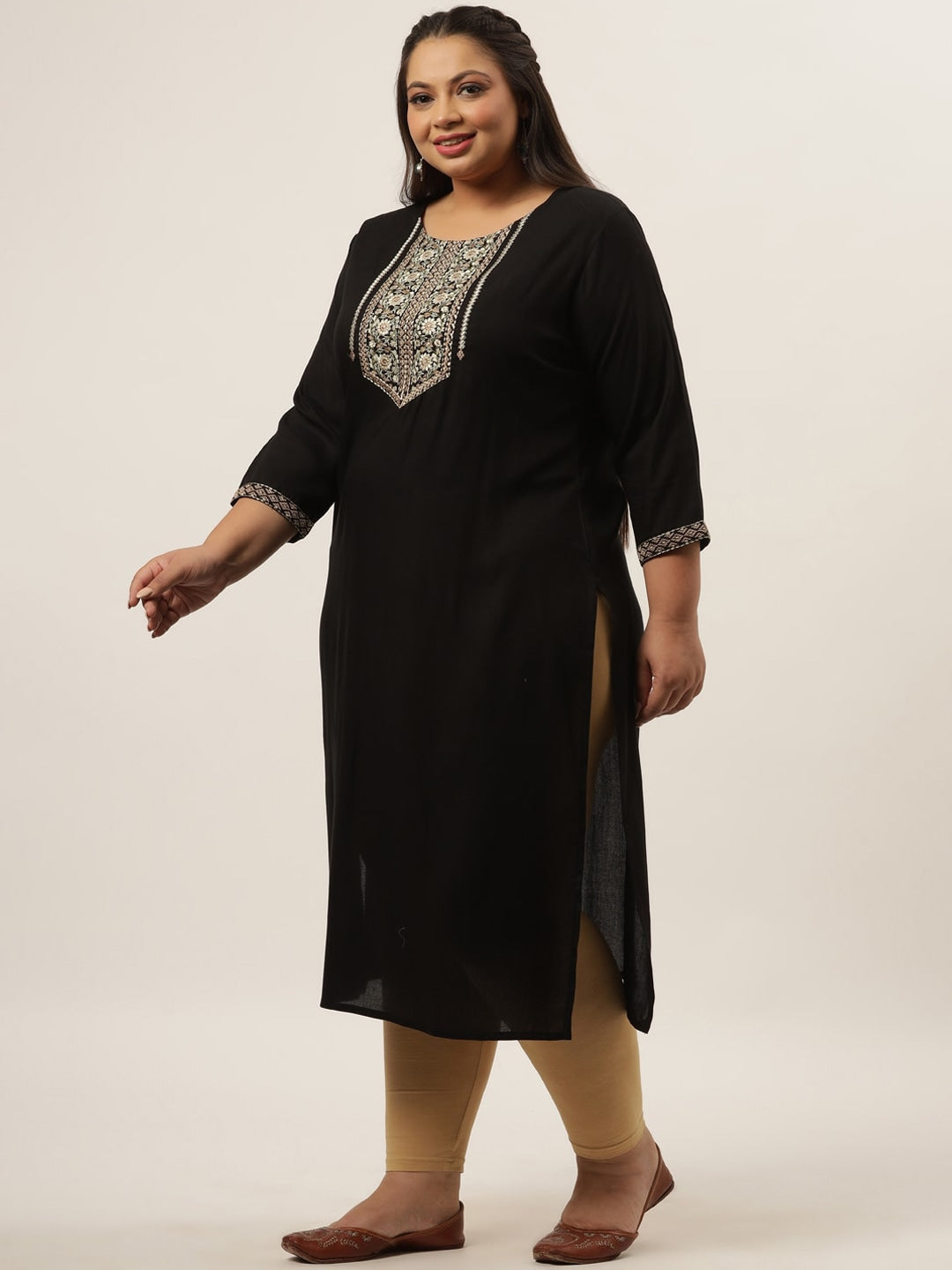 Plus Size Black Ethnic Kurta-Indiakreations-JS7875KURPBK3XL