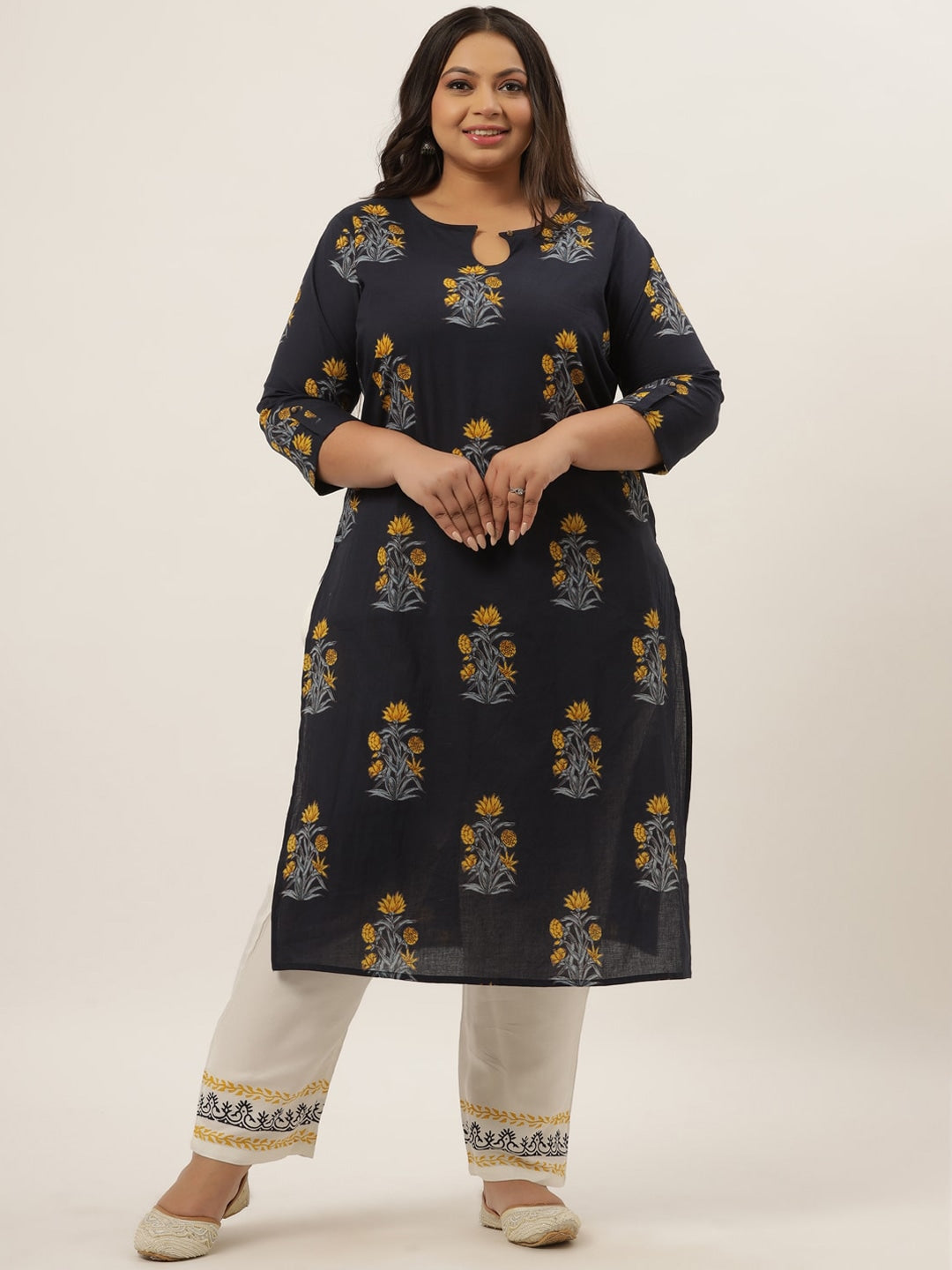 Plus Size Blue Printed Kurta Set-Indiakreations-JS9205SETBL3XL