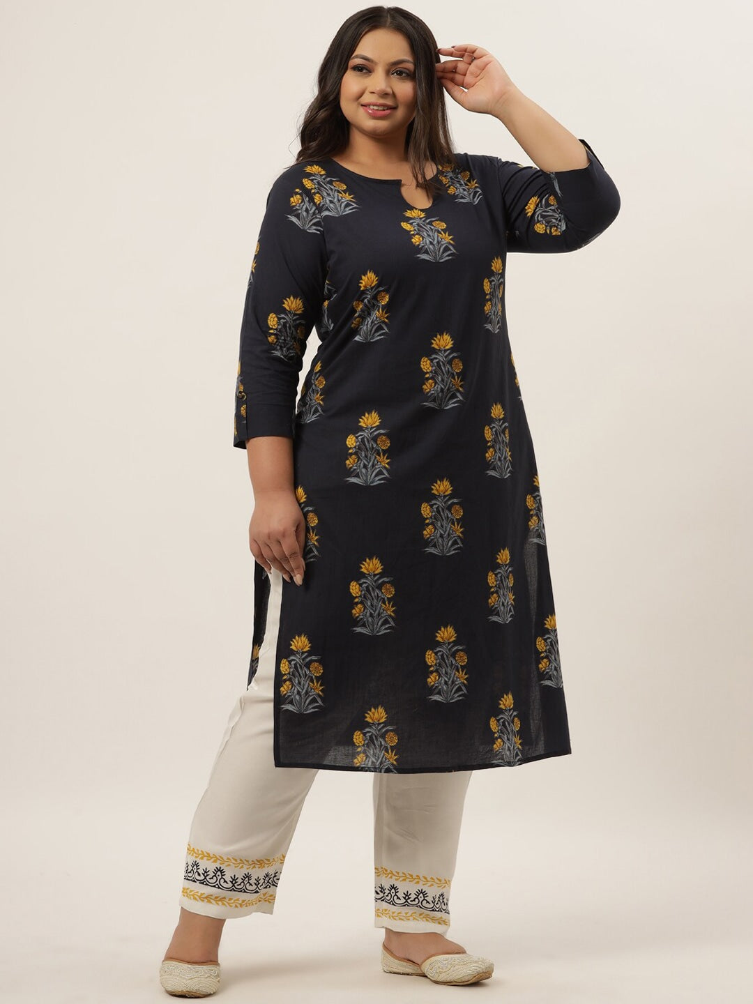 Plus Size Blue Printed Kurta Set-Indiakreations-JS9205SETBL3XL