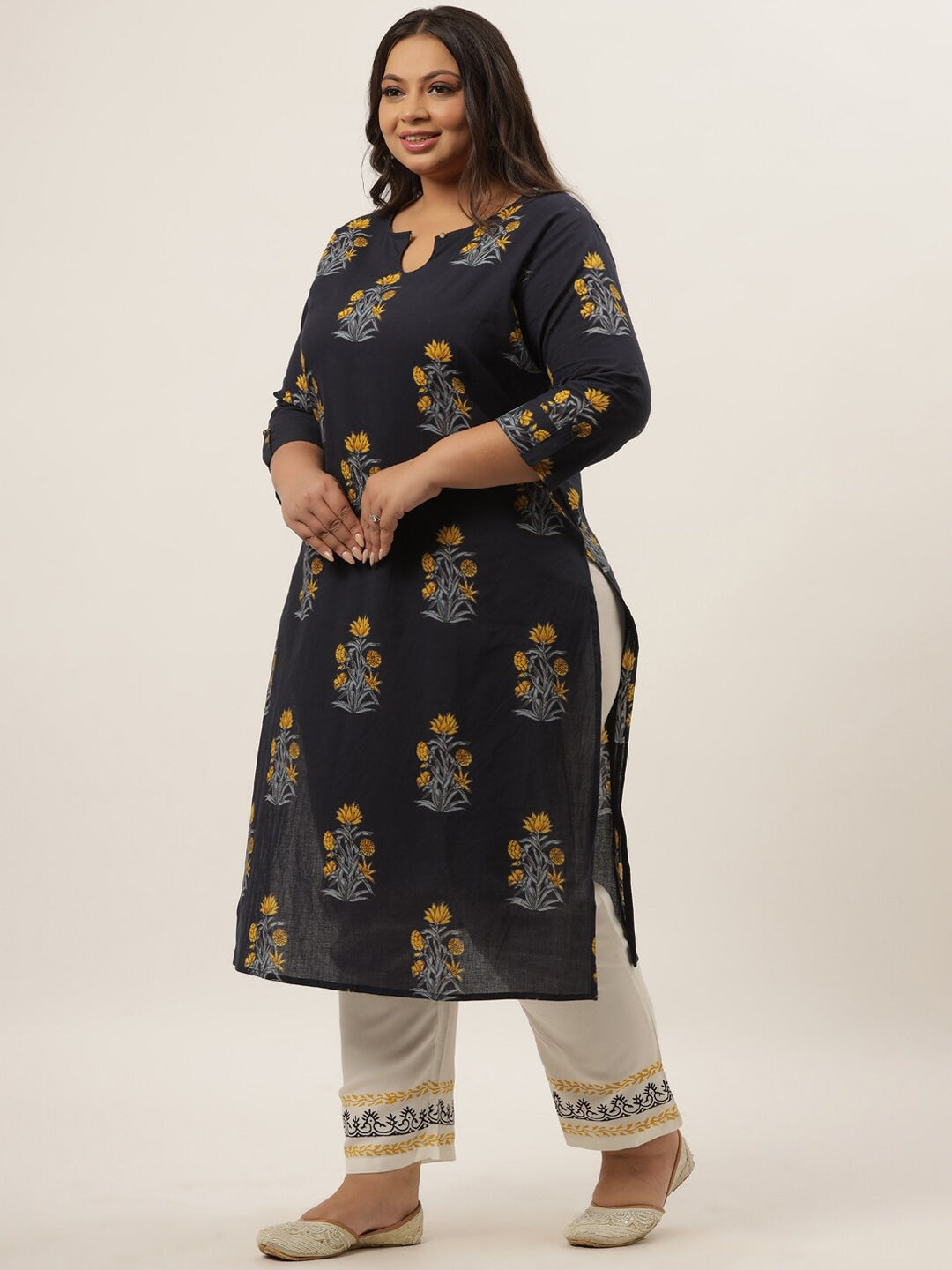 Plus Size Blue Printed Kurta Set-Indiakreations-JS9205SETBL3XL