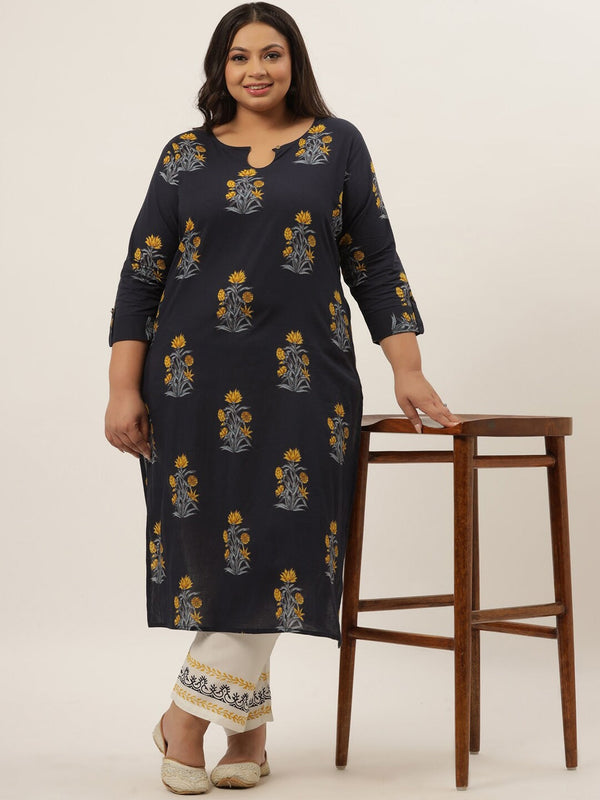 Plus Size Blue Printed Kurta Set-Indiakreations-JS9205SETBL3XL