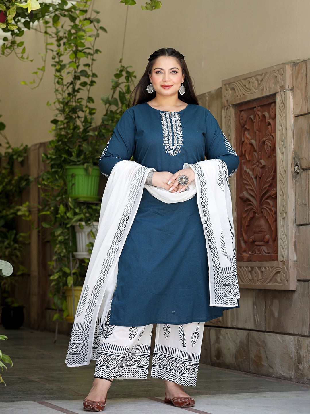 Plus Size Embroidered Cotton Kurta Dupatta Set-Indiakreations-JS7490PSETBL3XL