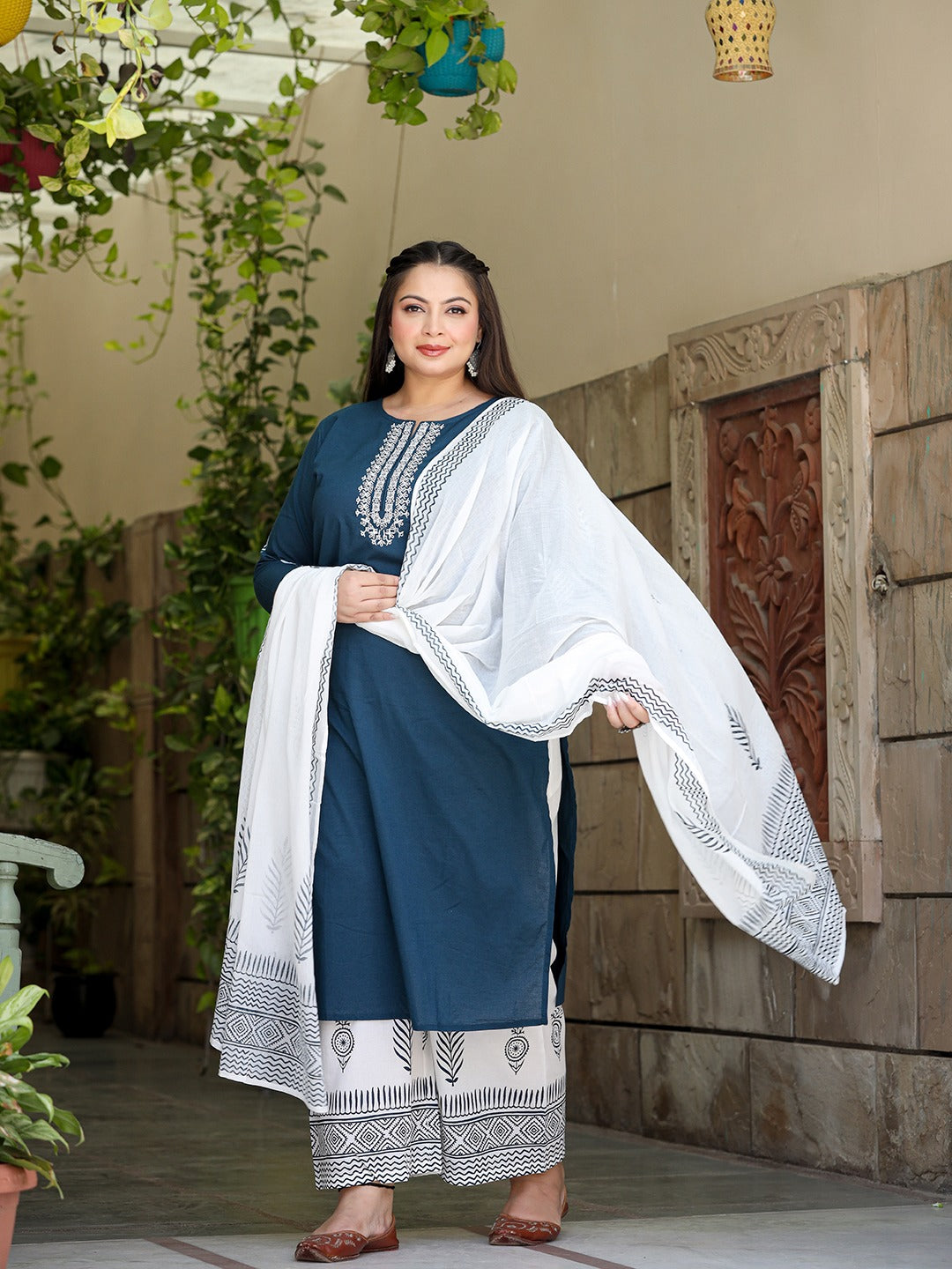 Plus Size Embroidered Cotton Kurta Dupatta Set-Indiakreations-JS7490PSETBL3XL