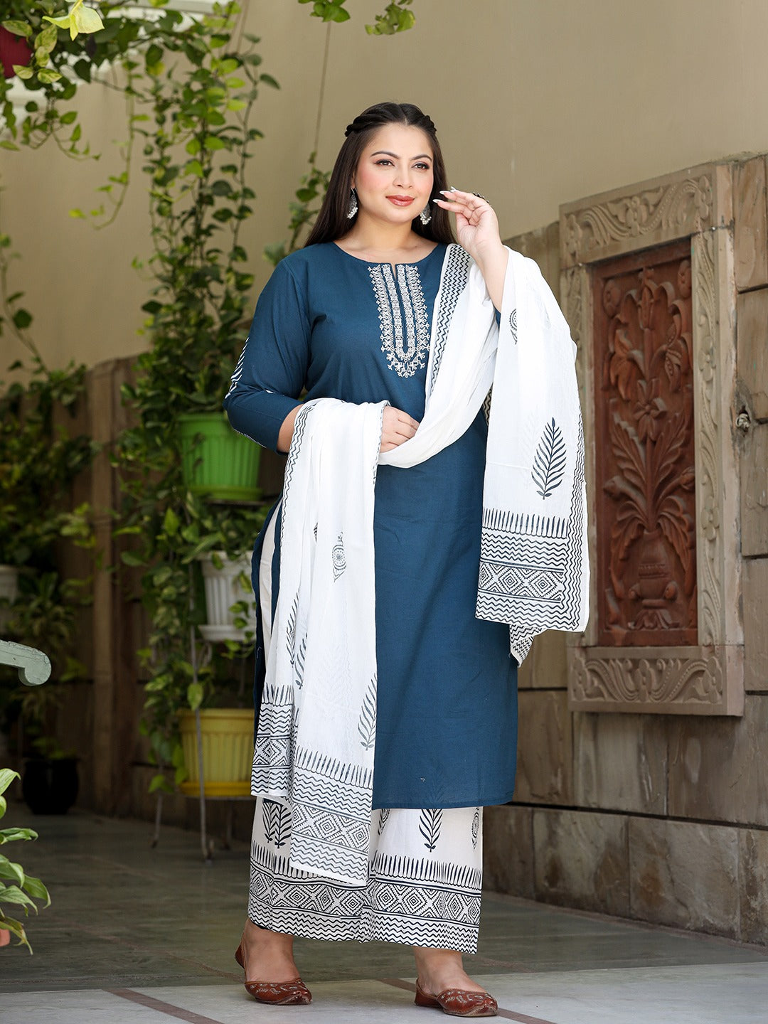 Plus Size Embroidered Cotton Kurta Dupatta Set-Indiakreations-JS7490PSETBL3XL