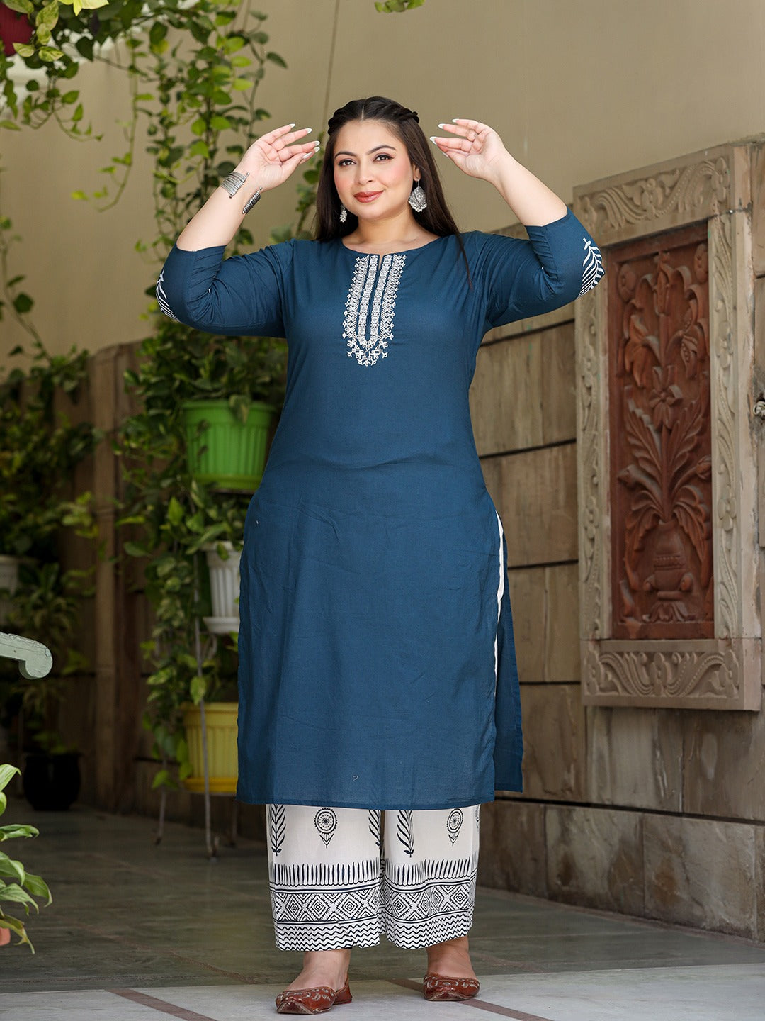 Plus Size Embroidered Cotton Kurta Dupatta Set-Indiakreations-JS7490PSETBL3XL