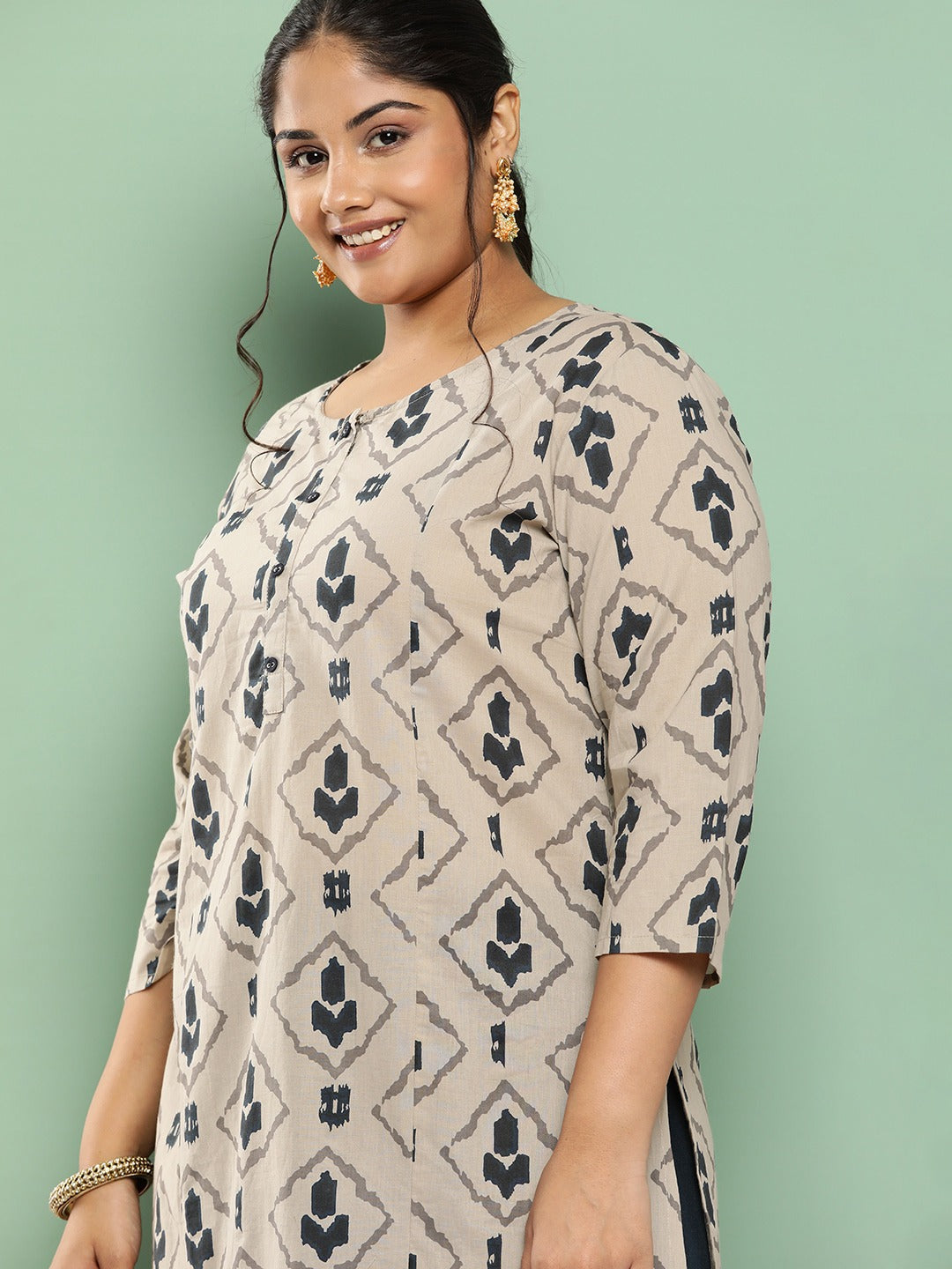 Plus Size Ethnic Motifs Printed Regular Cotton Kurta with Palazzos-Indiakreations-JS1555PSETBG3XL