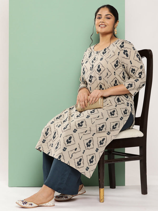 Plus Size Ethnic Motifs Printed Regular Cotton Kurta with Palazzos-Indiakreations-JS1555PSETBG3XL