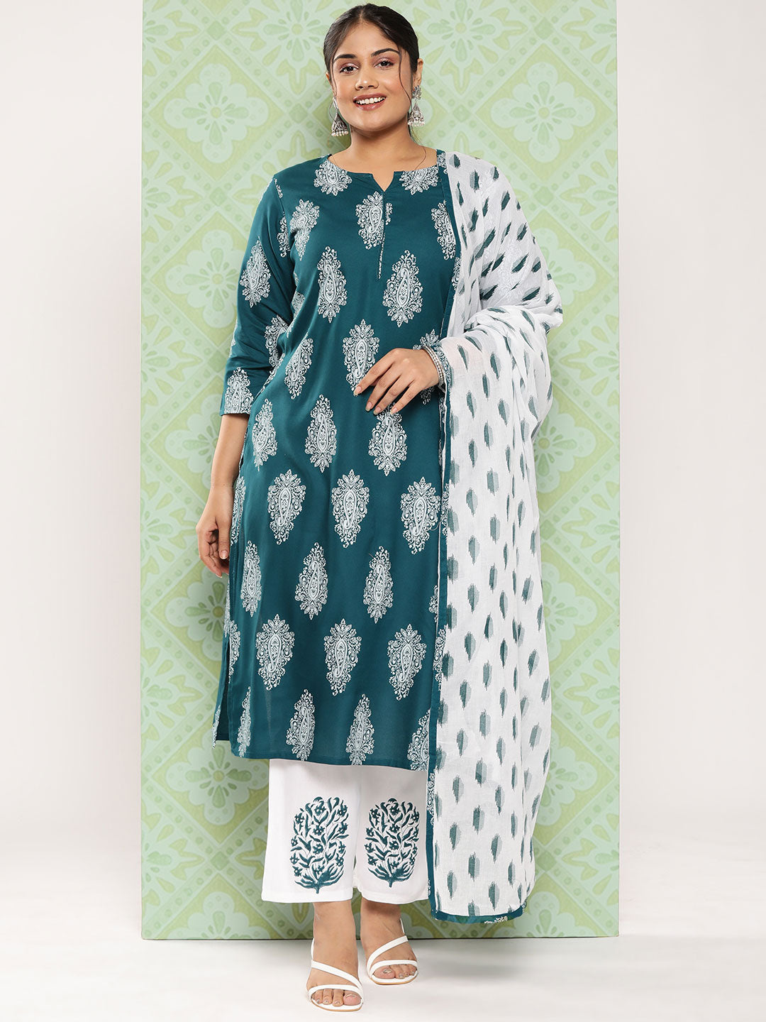 Plus Size Ethnic Motifs Printed Regular Kurta with Palazzos & Dupatta-Indiakreations-JS7298PSKDTG3XL