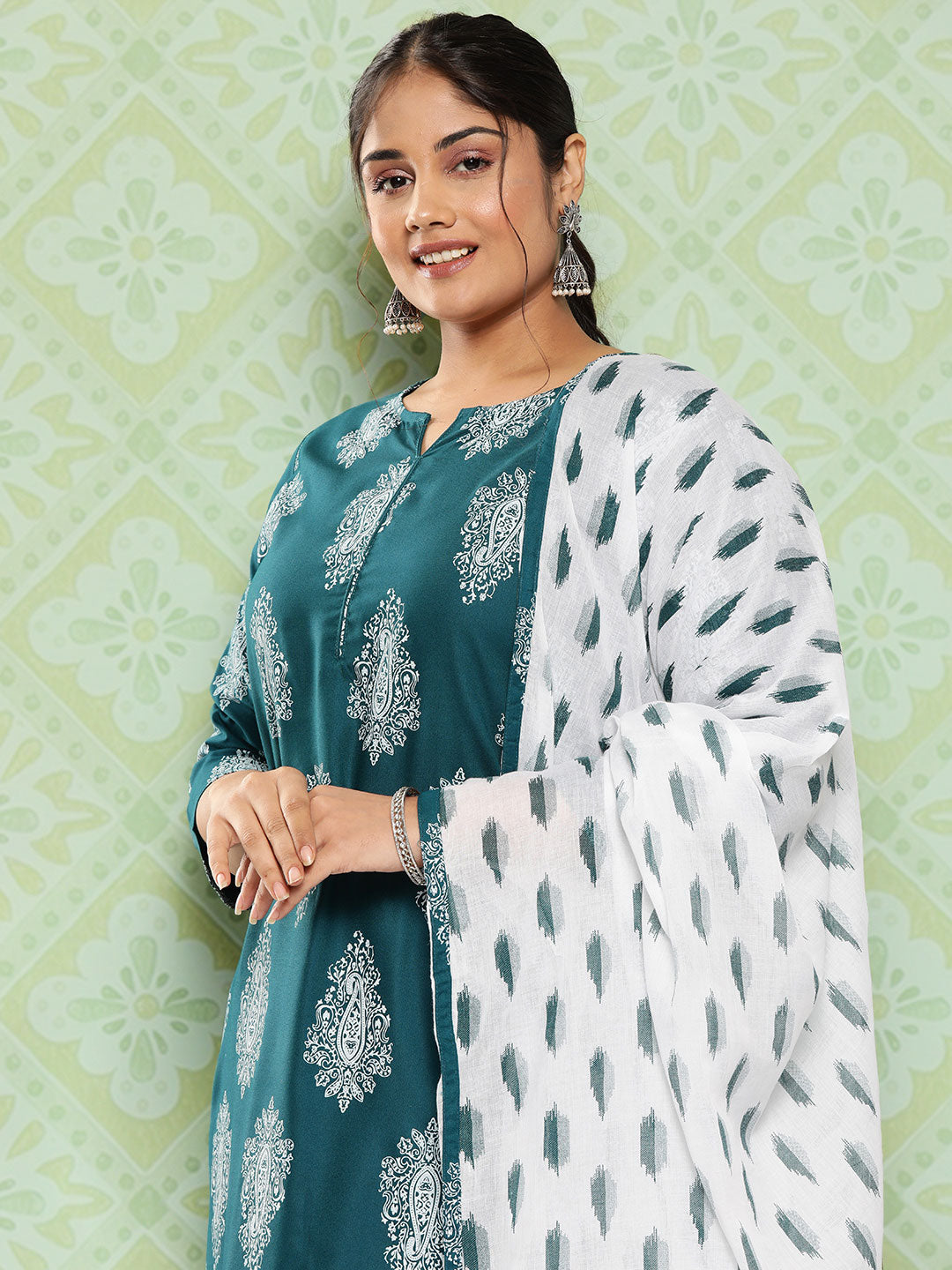 Plus Size Ethnic Motifs Printed Regular Kurta with Palazzos & Dupatta-Indiakreations-JS7298PSKDTG3XL