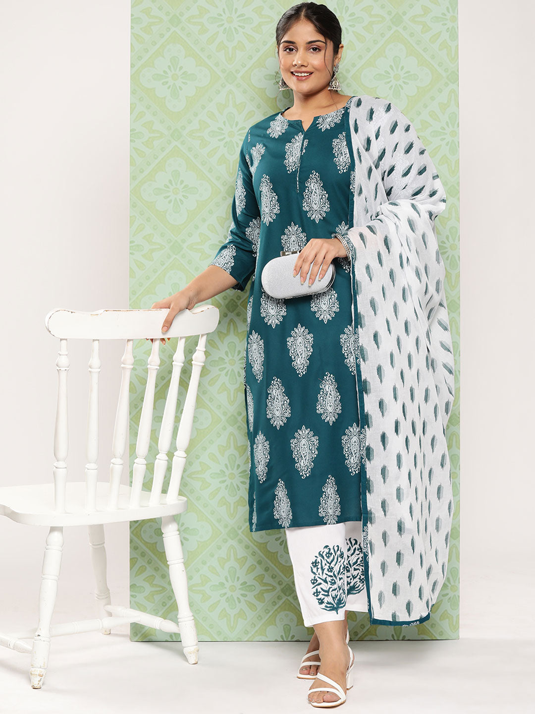 Plus Size Ethnic Motifs Printed Regular Kurta with Palazzos & Dupatta-Indiakreations-JS7298PSKDTG3XL