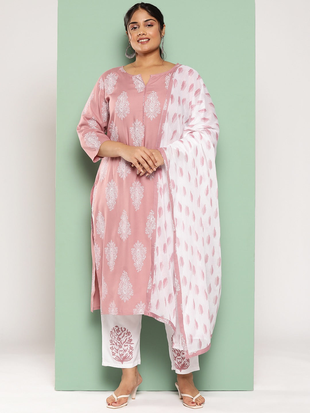 Plus Size Ethnic Motifs Printed Regular Kurta with Trousers & With Dupatta-Indiakreations-JS7298PSKDPR3XL