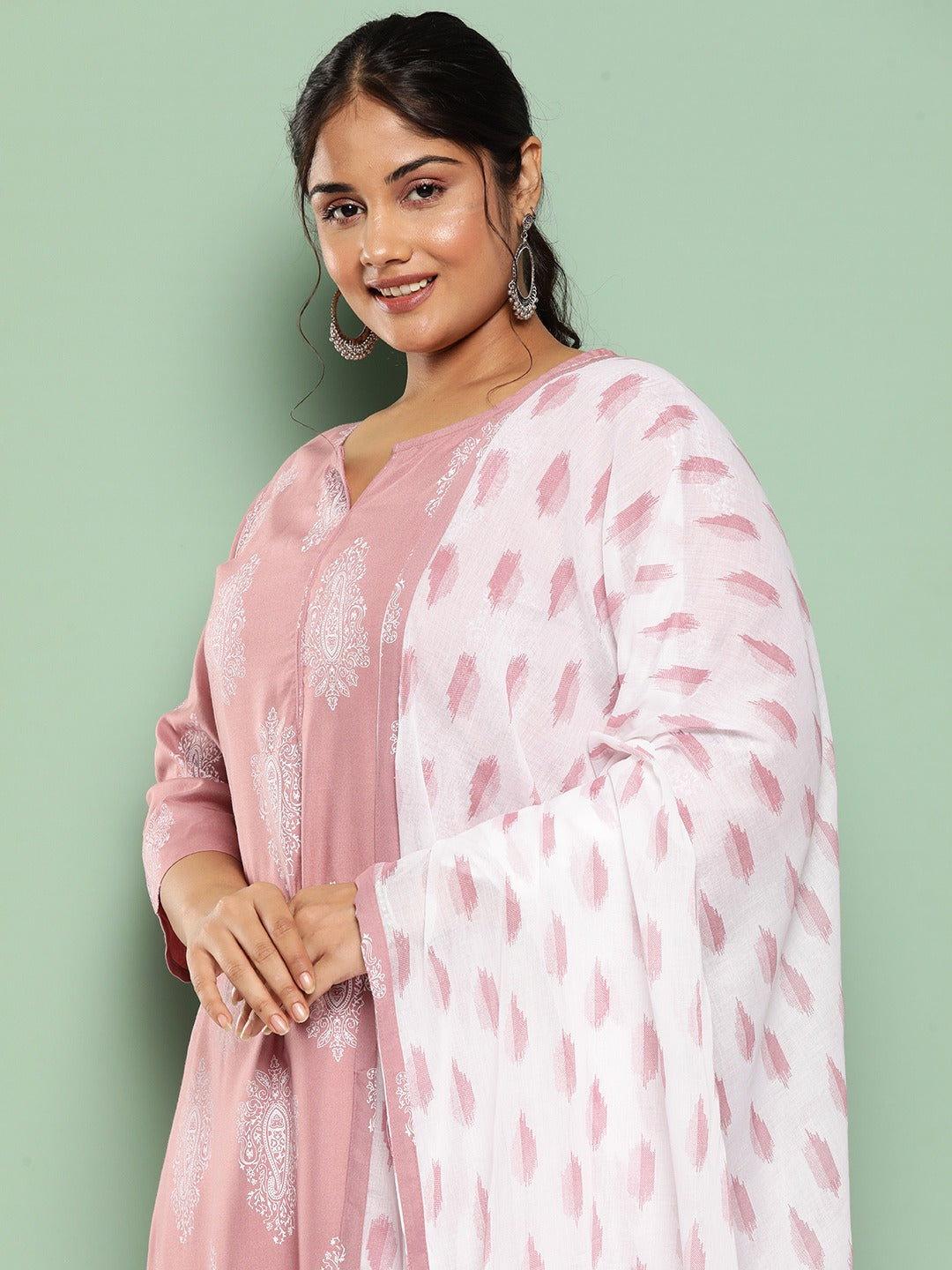 Plus Size Ethnic Motifs Printed Regular Kurta with Trousers & With Dupatta-Indiakreations-JS7298PSKDPR3XL