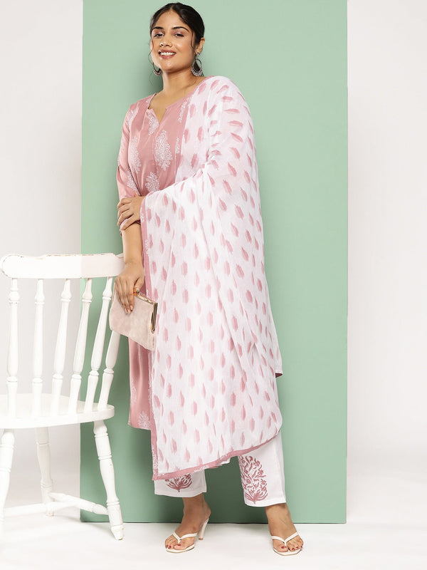 Plus Size Ethnic Motifs Printed Regular Kurta with Trousers & With Dupatta-Indiakreations-JS7298PSKDPR3XL