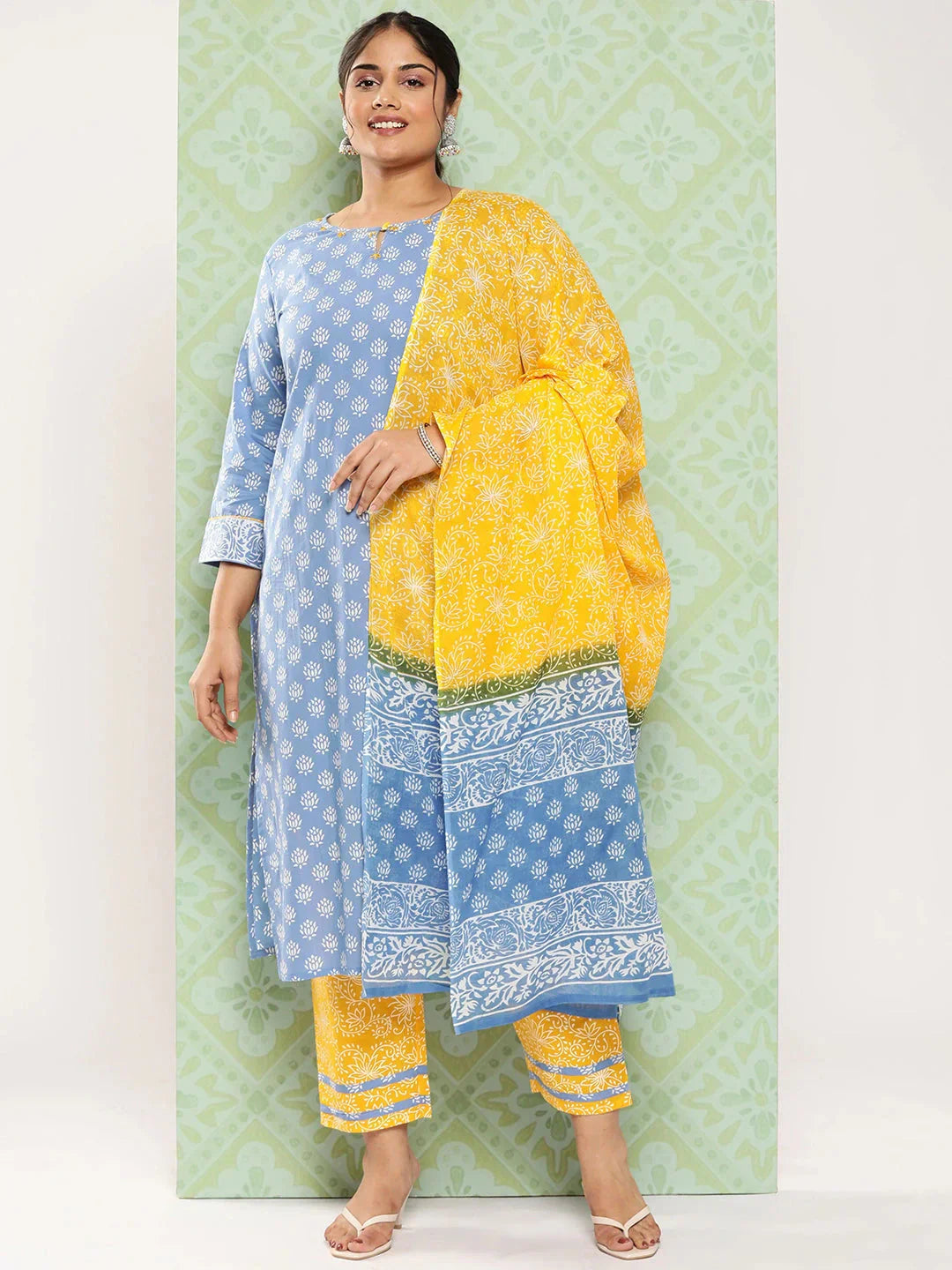 Plus Size Ethnic Motifs Printed Thread Work Pure Cotton Kurta Set-Indiakreations-JS9424PSKDBL3XL