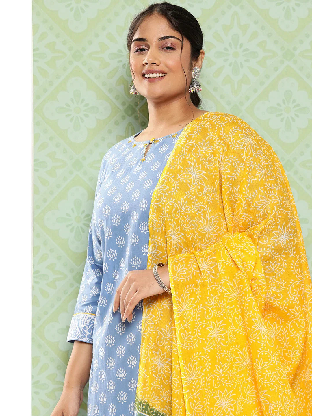 Plus Size Ethnic Motifs Printed Thread Work Pure Cotton Kurta Set-Indiakreations-JS9424PSKDBL3XL