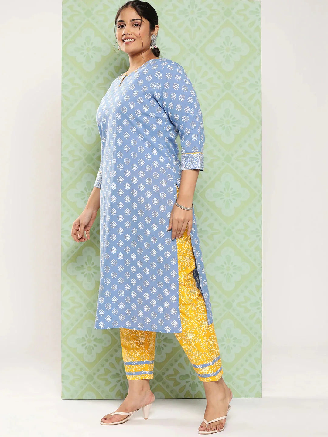 Plus Size Ethnic Motifs Printed Thread Work Pure Cotton Kurta Set-Indiakreations-JS9424PSKDBL3XL