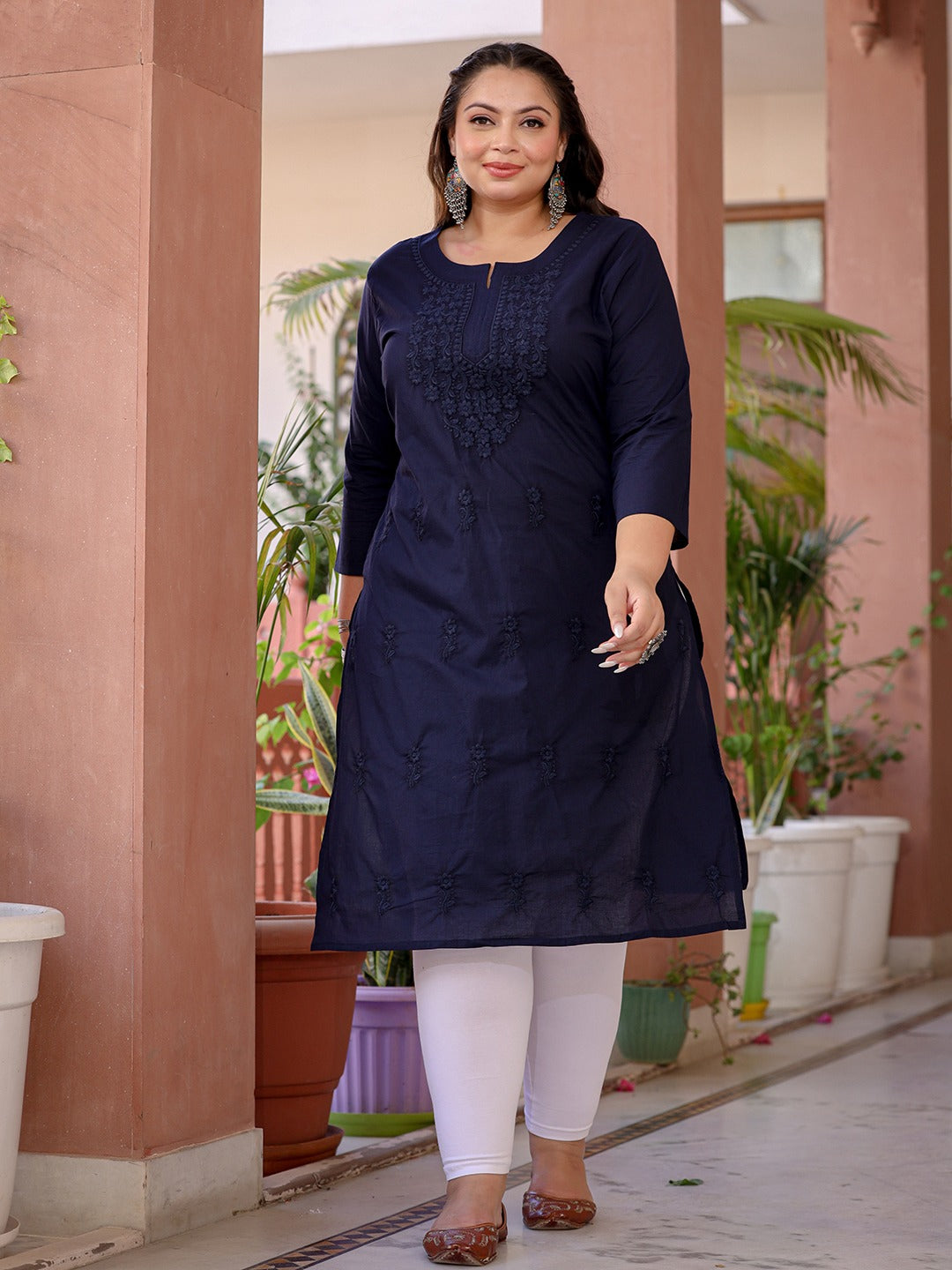 Navy Blue Floral Plus Size Chikankari Kurti Women-Indiakreations-JS1285PKURBL3XL