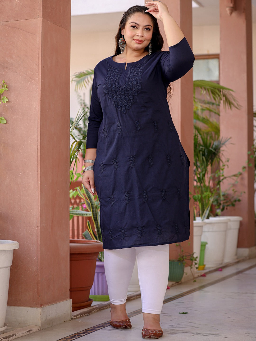 Navy Blue Floral Plus Size Chikankari Kurti Women-Indiakreations-JS1285PKURBL3XL