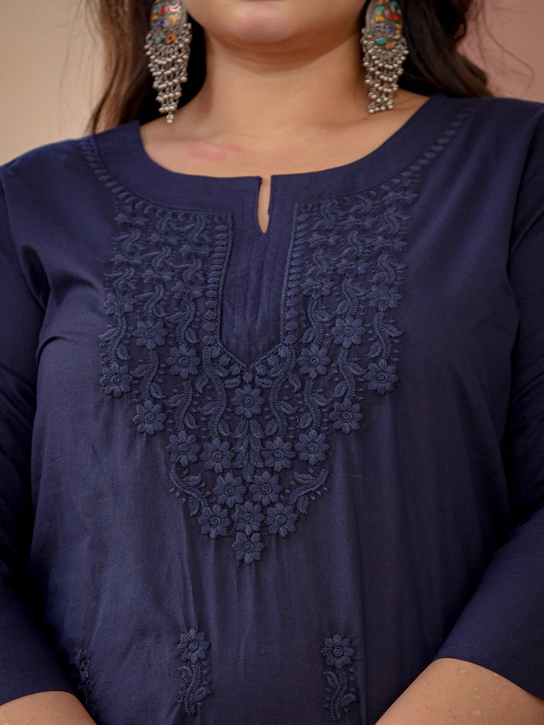 Navy Blue Floral Plus Size Chikankari Kurti Women-Indiakreations-JS1285PKURBL3XL