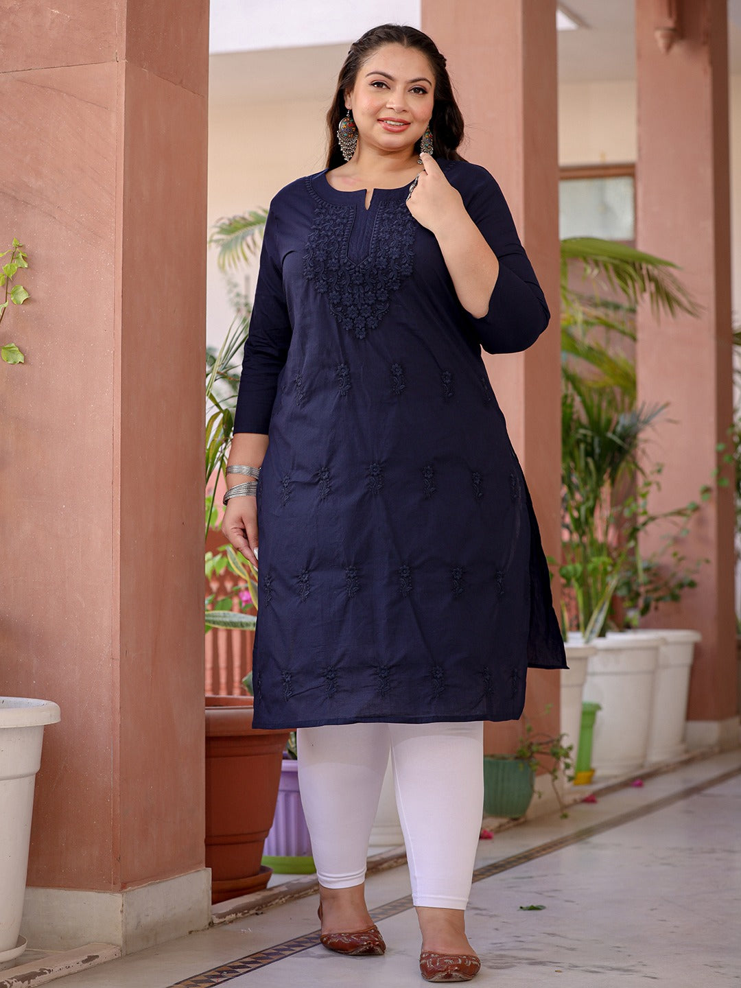 Navy Blue Floral Plus Size Chikankari Kurti Women-Indiakreations-JS1285PKURBL3XL