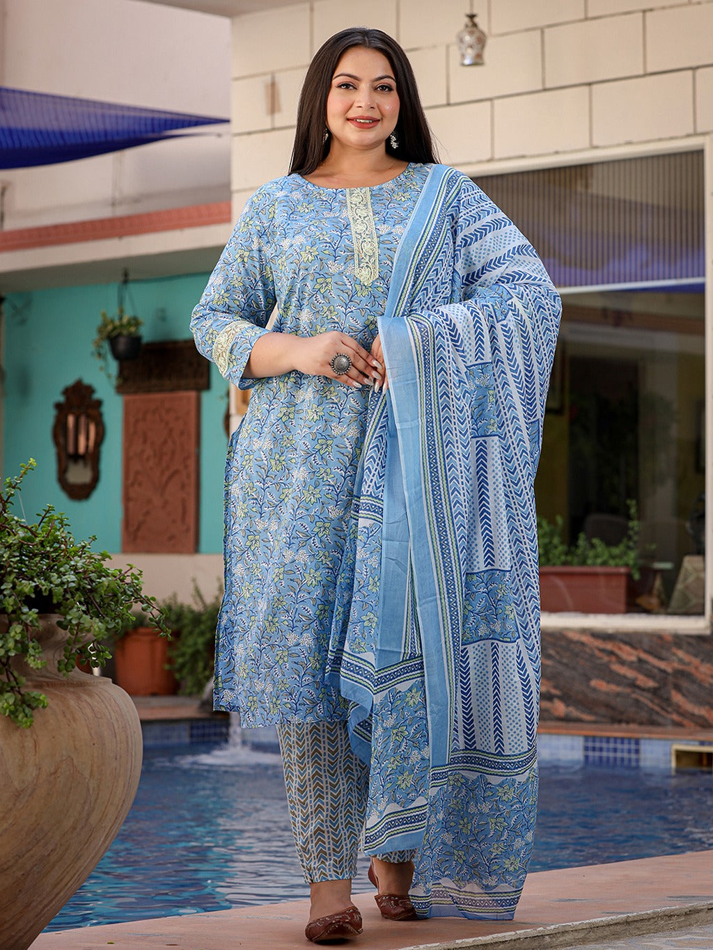 Plus Size Floral Cotton Kurta Dupatta Set-Indiakreations-JS1119PSKDSB3XL