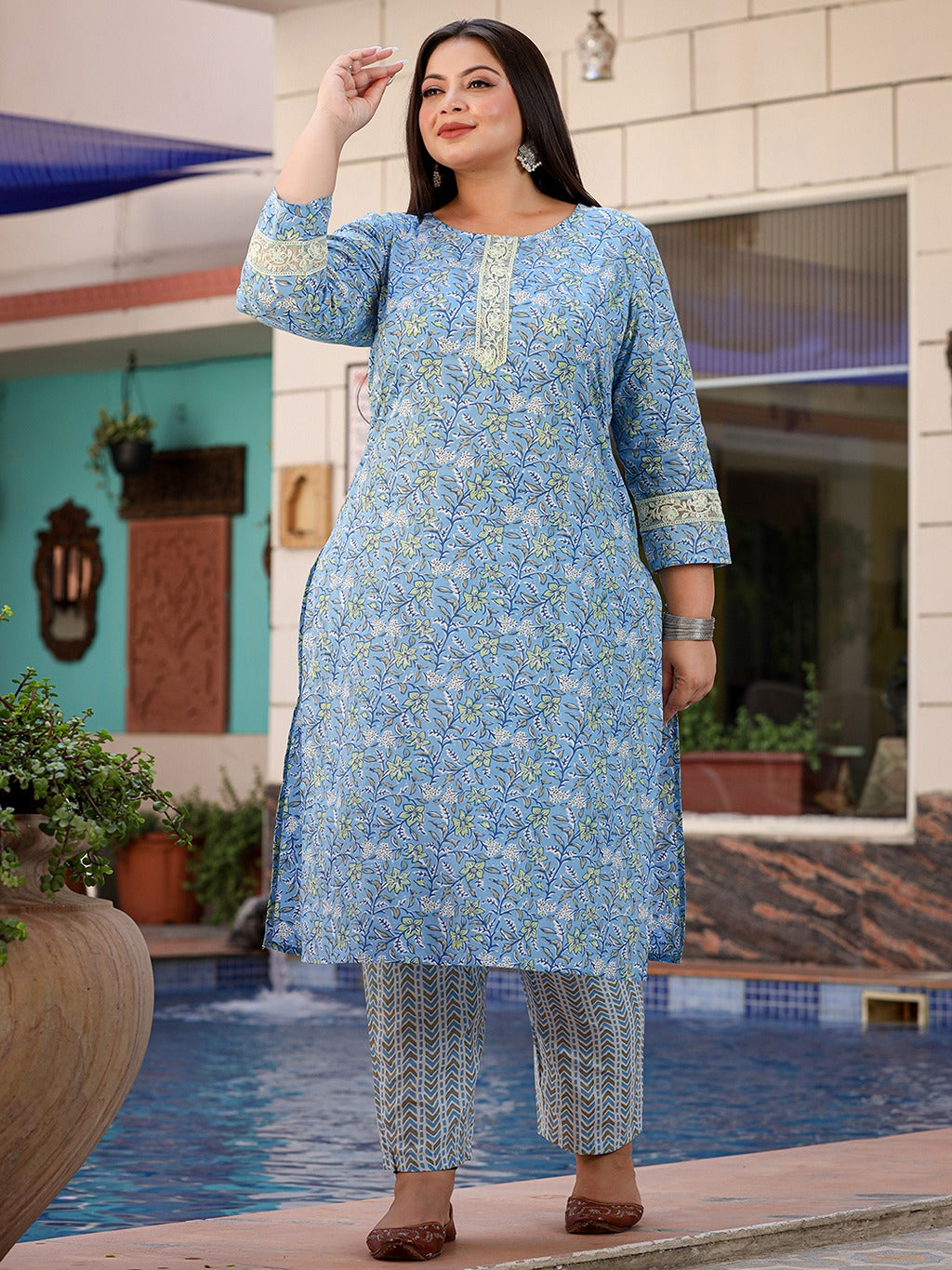 Plus Size Floral Cotton Kurta Dupatta Set-Indiakreations-JS1119PSKDSB3XL