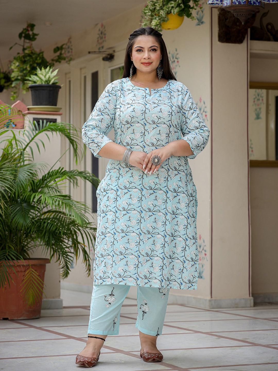 Plus Size Floral Cotton Kurta Dupatta Set-Indiakreations-JS9305PSKDSB3XL