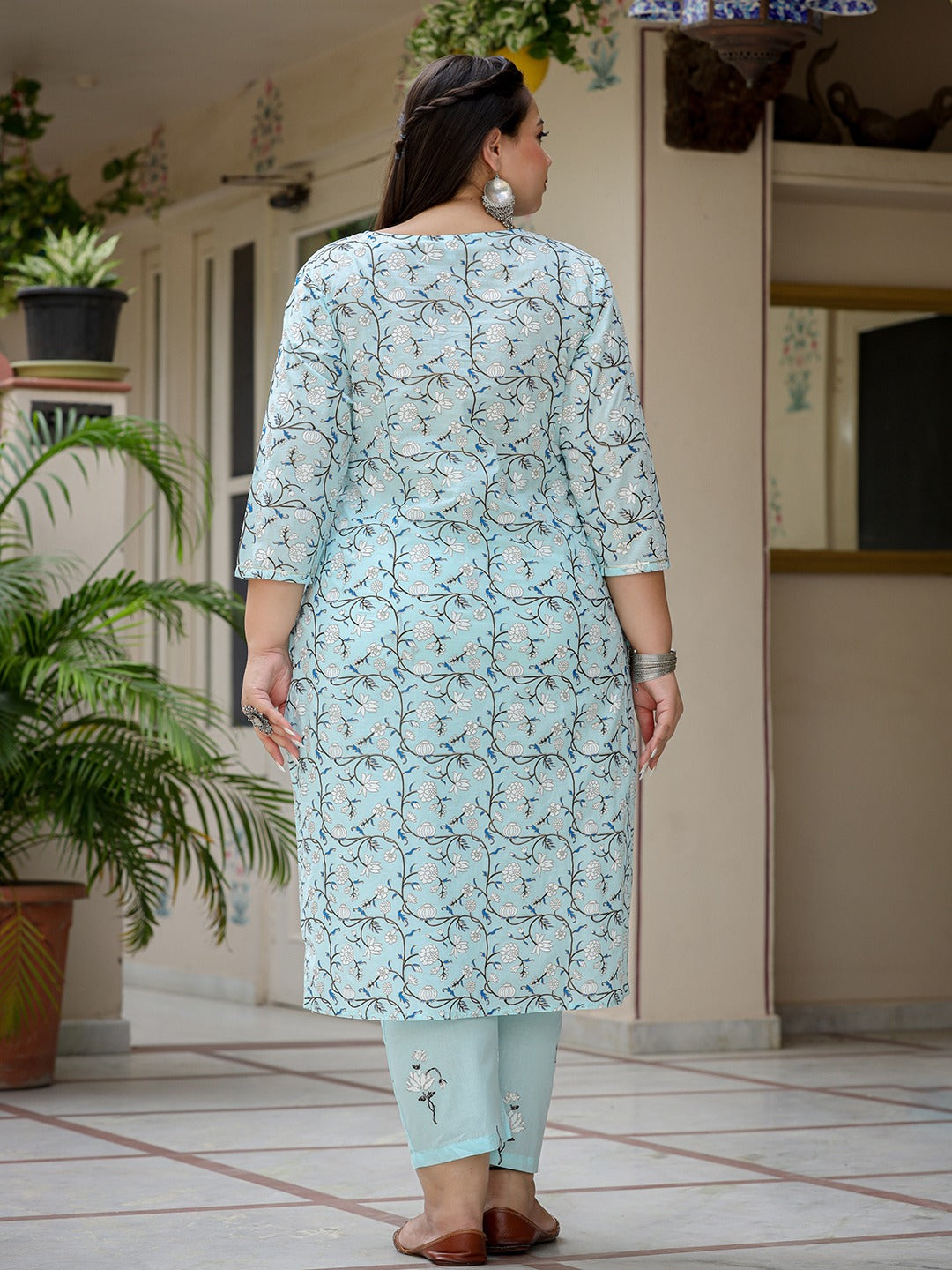 Plus Size Floral Cotton Kurta Dupatta Set-Indiakreations-JS9305PSKDSB3XL