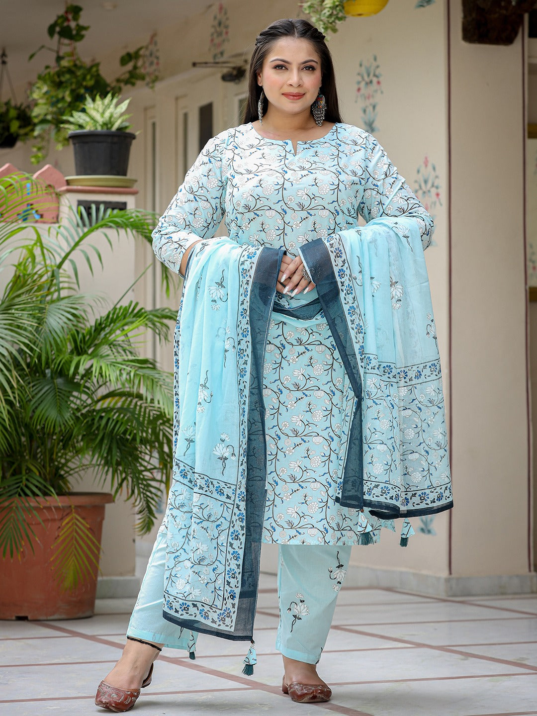 Plus Size Floral Cotton Kurta Dupatta Set-Indiakreations-JS9305PSKDSB3XL