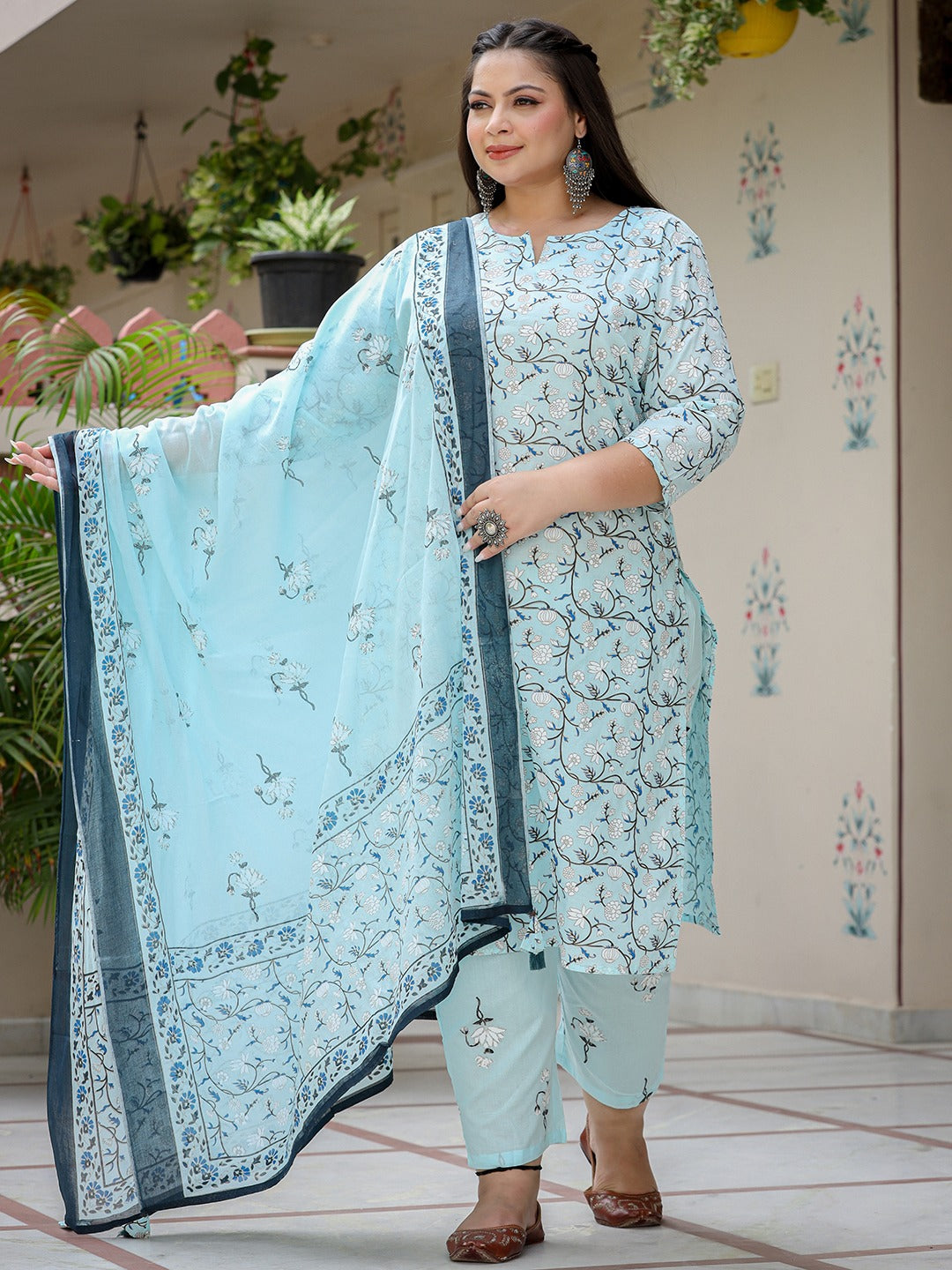 Plus Size Floral Cotton Kurta Dupatta Set-Indiakreations-JS9305PSKDSB3XL