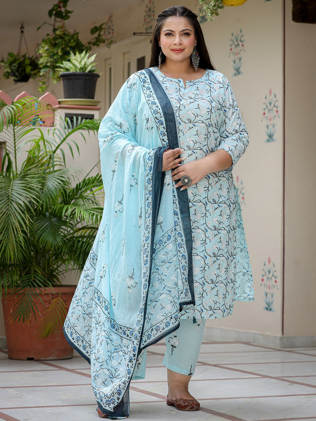 Plus Size Floral Cotton Kurta Dupatta Set-Indiakreations-JS9305PSKDSB3XL