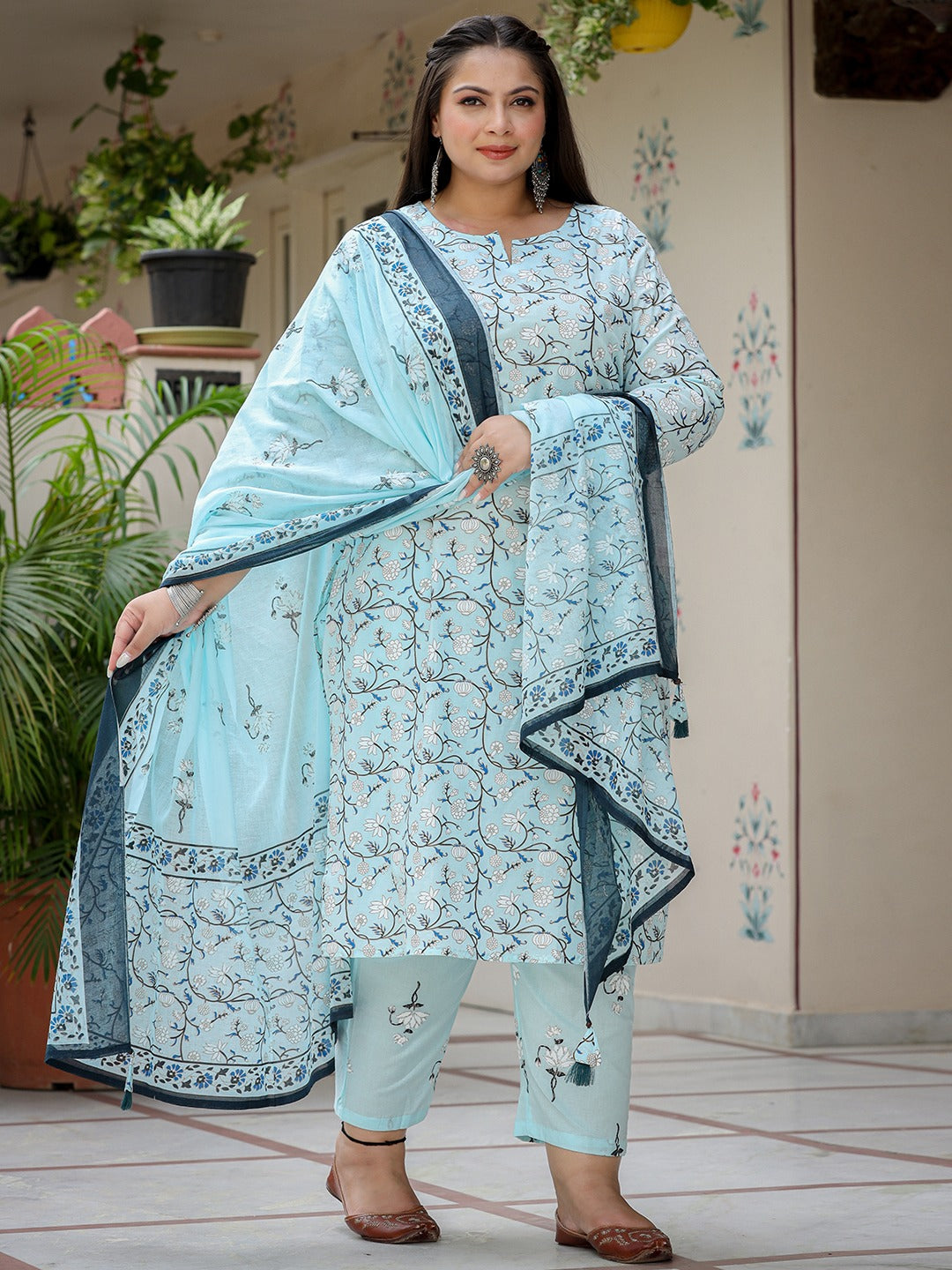 Plus Size Floral Cotton Kurta Dupatta Set-Indiakreations-JS9305PSKDSB3XL