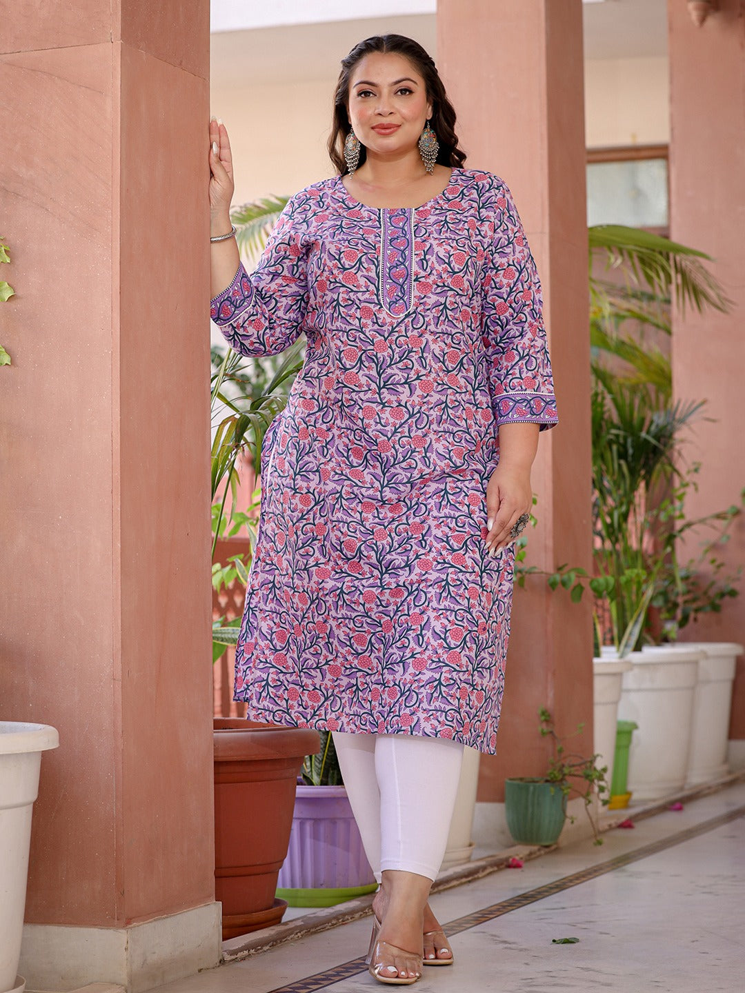 Lavender & Pink Floral Printed Plus Size Kurta-Indiakreations-JS8053PKURLV3XL