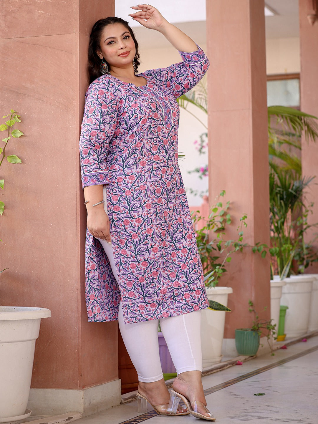 Lavender & Pink Floral Printed Plus Size Kurta-Indiakreations-JS8053PKURLV3XL